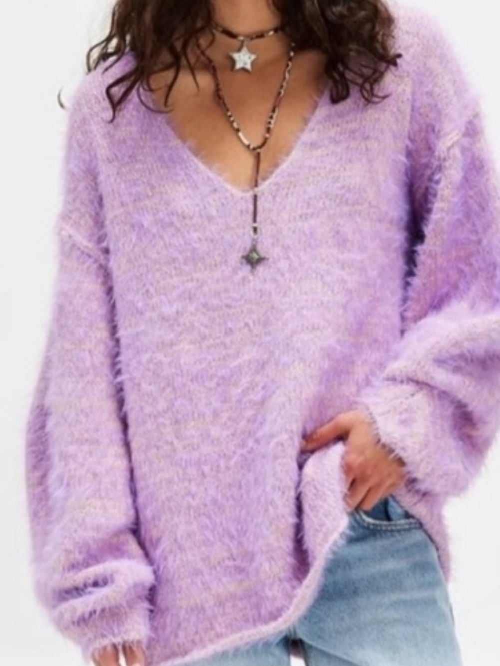 Free People Lavender V-Neck Fuzzy Pullover Sweater